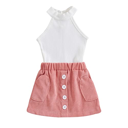 Kids Toddler Little Girl Summer Clothes Sleeveless Knit Tank Top Mini Skirt Bag Belt Set 3PCS Outfits for Baby (Sleeveless+Pink, 3-4 Years)