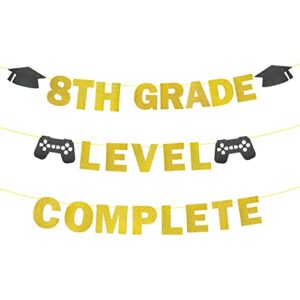 8th grade level complete banner, gold glitter 8th grade grad banner, 8th grade graduation party decorations 2022, class of 2022 banner, boy girl kids eighth grade graduation decorations supplies