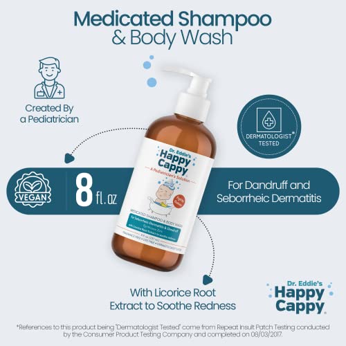 Happy Cappy Dr. Eddie’s Medicated Shampoo for Children, Treats Dandruff & Seborrheic Dermatitis, No Fragrance, Stops Flakes and Redness on Sensitive Scalps and Skin, Cradle Cap Brush Not Needed, 8 oz