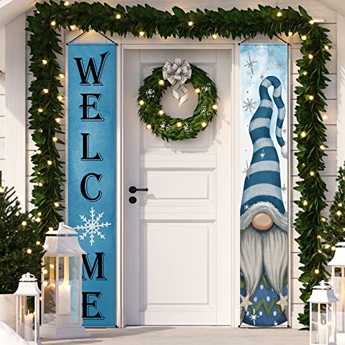 Winter Gnome Welcome Porch Sign Door Banner, Hello Winter Blue Snowy Gnome Welcome Hanging Banner, Snowflake Gnome Front Door Decorations for Christmas Winter Holiday Seasonal Xmas Party Decorations