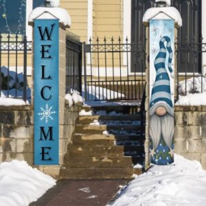 Winter Gnome Welcome Porch Sign Door Banner, Hello Winter Blue Snowy Gnome Welcome Hanging Banner, Snowflake Gnome Front Door Decorations for Christmas Winter Holiday Seasonal Xmas Party Decorations