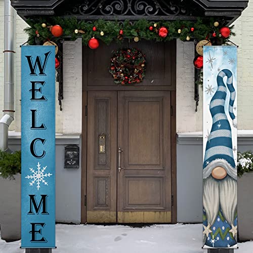 Winter Gnome Welcome Porch Sign Door Banner, Hello Winter Blue Snowy Gnome Welcome Hanging Banner, Snowflake Gnome Front Door Decorations for Christmas Winter Holiday Seasonal Xmas Party Decorations