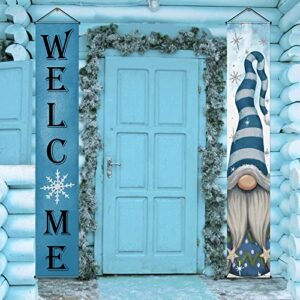 Winter Gnome Welcome Porch Sign Door Banner, Hello Winter Blue Snowy Gnome Welcome Hanging Banner, Snowflake Gnome Front Door Decorations for Christmas Winter Holiday Seasonal Xmas Party Decorations