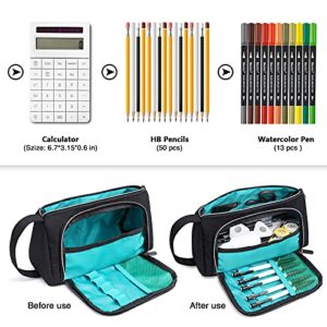 JEMIA Multi Compartments Collection 3 Independent Zipper Compartments with Handle Strap Pencil Case (Black, Polyester)