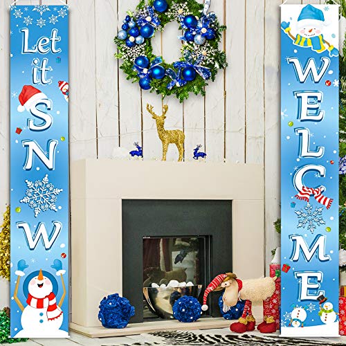 Christmas Decoration Set Christmas Porch Sign Welcome Merry Christmas Banner Christmas Hanging Garland for Frozen Winter Wonderland Party Decoration Xmas Winter Snow Party (Light Blue)