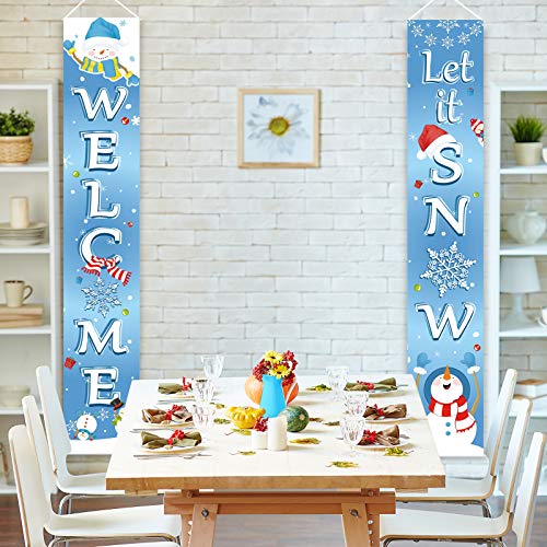 Christmas Decoration Set Christmas Porch Sign Welcome Merry Christmas Banner Christmas Hanging Garland for Frozen Winter Wonderland Party Decoration Xmas Winter Snow Party (Light Blue)