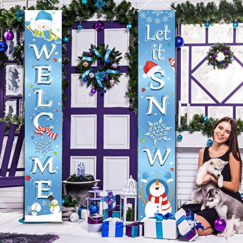 Christmas Decoration Set Christmas Porch Sign Welcome Merry Christmas Banner Christmas Hanging Garland for Frozen Winter Wonderland Party Decoration Xmas Winter Snow Party (Light Blue)