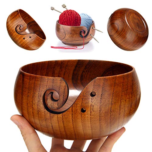 Freyamall Wooden Yarn Bowl with Holes Holder Handcrafted Knitting Yarn Needlework Crochet Storage Organizer, Perfect for Mother's Day!