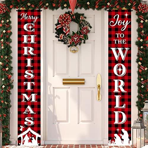 Christmas Nativity Porch Sign Banner Merry Christmas Door Banner Joy to the World Jesus Religious Banner Front Porch Holy Nativity Christmas Decorations for Home Xmas Holiday Front Door (Plaid Style)