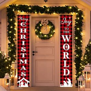 Christmas Nativity Porch Sign Banner Merry Christmas Door Banner Joy to the World Jesus Religious Banner Front Porch Holy Nativity Christmas Decorations for Home Xmas Holiday Front Door (Plaid Style)
