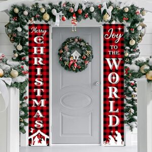 Christmas Nativity Porch Sign Banner Merry Christmas Door Banner Joy to the World Jesus Religious Banner Front Porch Holy Nativity Christmas Decorations for Home Xmas Holiday Front Door (Plaid Style)