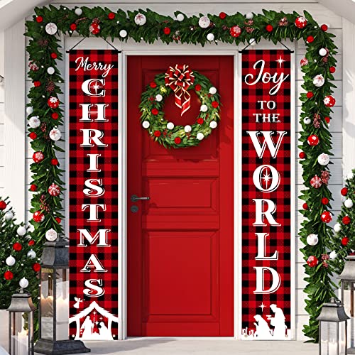 Christmas Nativity Porch Sign Banner Merry Christmas Door Banner Joy to the World Jesus Religious Banner Front Porch Holy Nativity Christmas Decorations for Home Xmas Holiday Front Door (Plaid Style)