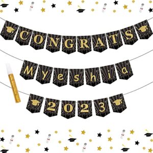 graduation banner 2023 personalized black and gold – congrats grad bunting banner 2023 with gold pens for car home senior college graduation party decorations