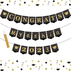 Graduation Banner 2023 Personalized Black and Gold - Congrats Grad Bunting Banner 2023 with Gold Pens for Car Home Senior College Graduation Party Decorations