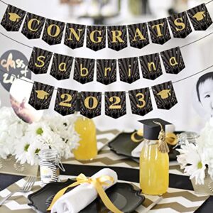 Graduation Banner 2023 Personalized Black and Gold - Congrats Grad Bunting Banner 2023 with Gold Pens for Car Home Senior College Graduation Party Decorations