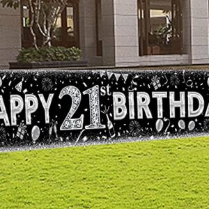 21st Birthday Decorations Yard Sign Banner Black Sliver Large Indoor Outdoor Happy Birthday Banner for Finally Legal Men Or Women Party Supplies