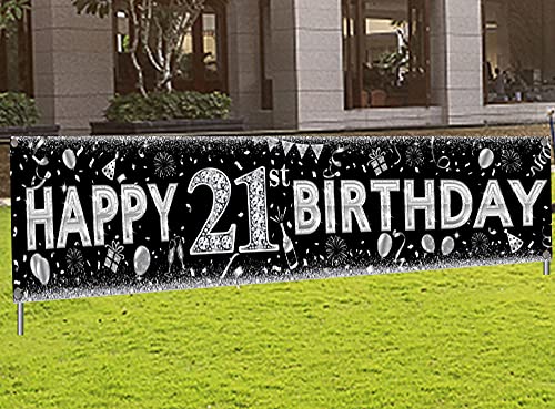 21st Birthday Decorations Yard Sign Banner Black Sliver Large Indoor Outdoor Happy Birthday Banner for Finally Legal Men Or Women Party Supplies