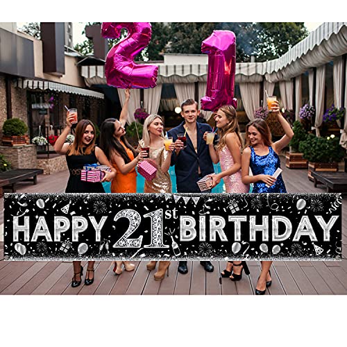 21st Birthday Decorations Yard Sign Banner Black Sliver Large Indoor Outdoor Happy Birthday Banner for Finally Legal Men Or Women Party Supplies