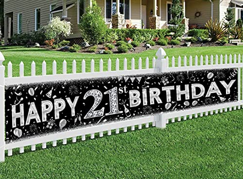 21st Birthday Decorations Yard Sign Banner Black Sliver Large Indoor Outdoor Happy Birthday Banner for Finally Legal Men Or Women Party Supplies