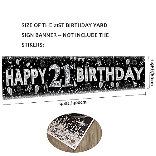 21st Birthday Decorations Yard Sign Banner Black Sliver Large Indoor Outdoor Happy Birthday Banner for Finally Legal Men Or Women Party Supplies