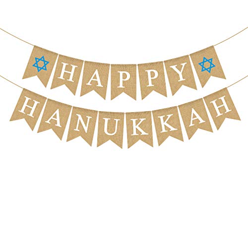 Rainlemon Jute Burlap Happy Hanukkah Banner Rustic Chanukah Holiday Mantel Fireplace Garland Decoration Supply