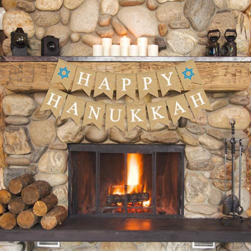 Rainlemon Jute Burlap Happy Hanukkah Banner Rustic Chanukah Holiday Mantel Fireplace Garland Decoration Supply