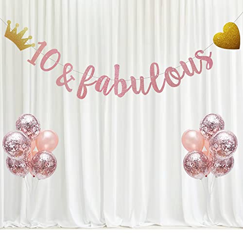 10 & Fabulous Banner, Pre-Strung, No Assembly Required, Funny Rose Gold Paper Glitter Party Decorations for 10th Birthday Party Supplies, Letters Rose Gold,ABCpartyland