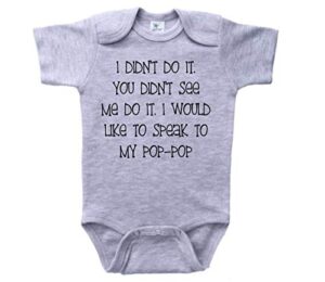 ebenezer fire grandchild baby onesie/speak to my pop-pop/unisex newborn bodysuit (0-3m, grey ss (black text))