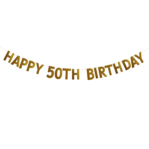 HAPPY 50TH BIRTHDAY Banner for 50th Birthday Party Decorations Pre-strung No Assembly Required Gold Glitter Paper Garlands Backdrops Letters Gold Betteryanzi