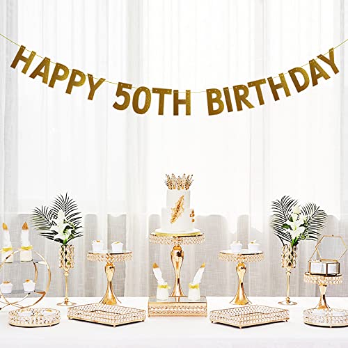 HAPPY 50TH BIRTHDAY Banner for 50th Birthday Party Decorations Pre-strung No Assembly Required Gold Glitter Paper Garlands Backdrops Letters Gold Betteryanzi