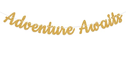 Adventure Awaits Banner - Baby Shower Wedding Engagement Party Decorations, Congrats Grad 2023 Graduation Retirement Party Decorations (Gold)