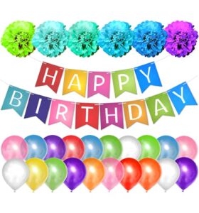 partyforever colorful happy birthday banner party decorations set with 20 multicolor balloons and 6 rainbow color pom poms for children (boys and girls)