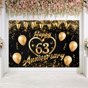 happy 63rd anniversary backdrop banner decor black gold – glitter love heart happy 63 years wedding anniversary party theme decorations for women men supplies, 3.9 x 5.9 ft