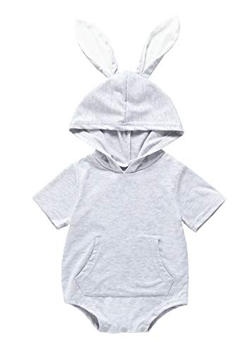 Symunnia Newborn Infant Baby Girl Boy Bunny Hooded Romper Cartoon 3D Rabbit Pocket Jumpsuit Short Sleeve(12-18months,Grey)