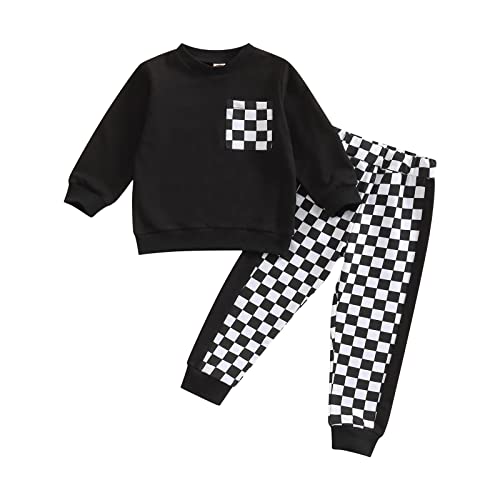 Toddler Baby Girl Fall Clothes Plaid Pullover Sweatshirt Tops Checkerboard Casual Pants 2Pcs Outfit 1-6T (Black,5-6 Years)