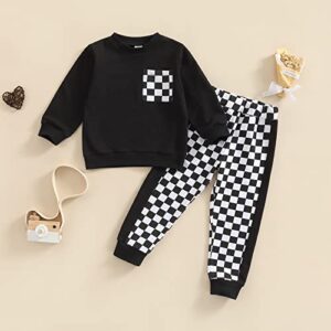 Toddler Baby Girl Fall Clothes Plaid Pullover Sweatshirt Tops Checkerboard Casual Pants 2Pcs Outfit 1-6T (Black,5-6 Years)