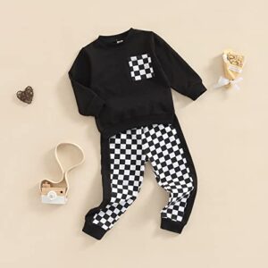 Toddler Baby Girl Fall Clothes Plaid Pullover Sweatshirt Tops Checkerboard Casual Pants 2Pcs Outfit 1-6T (Black,5-6 Years)