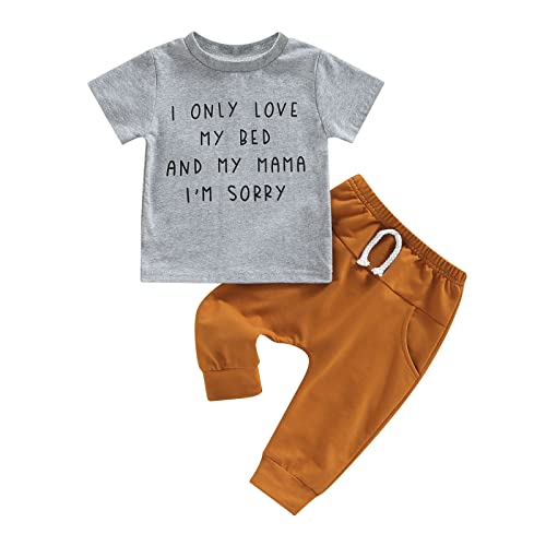 Baby Boys Summer Short Sleeve Crew Neck Letters Print T-Shirt + Elastic Waist Sweatpants 2pcs Baby Clothes Set (Gray, 18-24 Months)