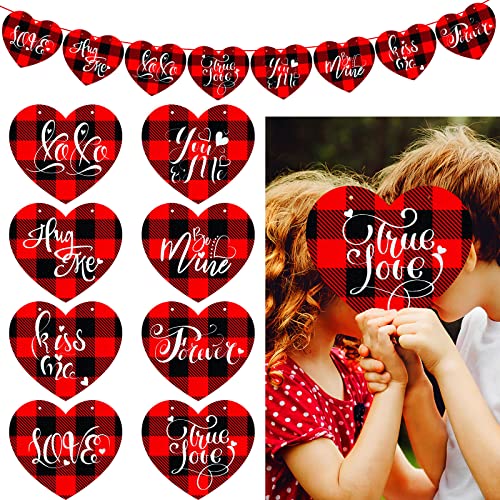 16 Pcs Valentines Heart Garland Decorations Felt 7 Inch Valentines Heart Banner Valentines Gnome Heart Decorations for Wedding Anniversary Romantic Party Favor and Supply (Plaid Heart Style)