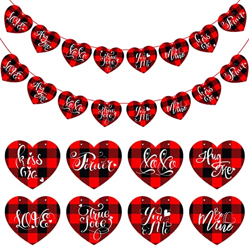 16 Pcs Valentines Heart Garland Decorations Felt 7 Inch Valentines Heart Banner Valentines Gnome Heart Decorations for Wedding Anniversary Romantic Party Favor and Supply (Plaid Heart Style)