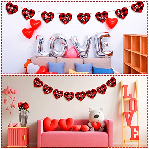 16 Pcs Valentines Heart Garland Decorations Felt 7 Inch Valentines Heart Banner Valentines Gnome Heart Decorations for Wedding Anniversary Romantic Party Favor and Supply (Plaid Heart Style)