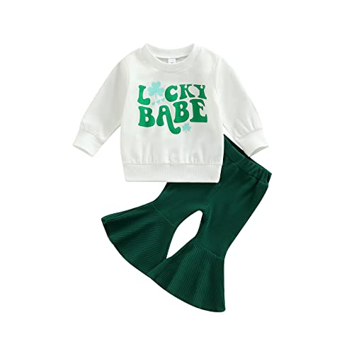 Baby Girl St Patrick's Day Outfit Crewneck Letter Sweatshirt Tops Green Clover Flare Pants Lucky Babe Clothes Toddler (Lucky Baby-White,12-18 Months)