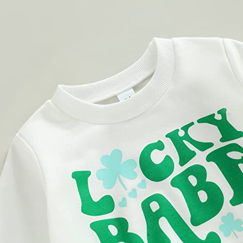 Baby Girl St Patrick's Day Outfit Crewneck Letter Sweatshirt Tops Green Clover Flare Pants Lucky Babe Clothes Toddler (Lucky Baby-White,12-18 Months)