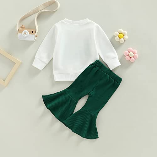 Baby Girl St Patrick's Day Outfit Crewneck Letter Sweatshirt Tops Green Clover Flare Pants Lucky Babe Clothes Toddler (Lucky Baby-White,12-18 Months)