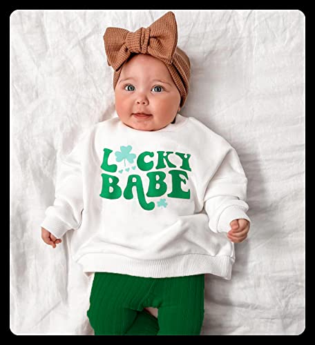 Baby Girl St Patrick's Day Outfit Crewneck Letter Sweatshirt Tops Green Clover Flare Pants Lucky Babe Clothes Toddler (Lucky Baby-White,12-18 Months)