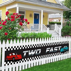 black and white two fast large banner sign backdrop,happy 2nd birthday party banner,happy 2 years old birthday party decor,checkerboard 2 years old banner 9.8×1.6ft