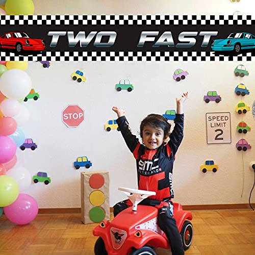 Black And White Two Fast Large Banner Sign Backdrop,Happy 2nd Birthday Party Banner,Happy 2 Years Old Birthday Party Decor,Checkerboard 2 Years Old Banner 9.8x1.6ft