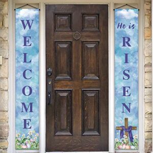pudodo he is risen porch banner easter christian cross resurrection religious holiday front door sign wall hanging party decoration
