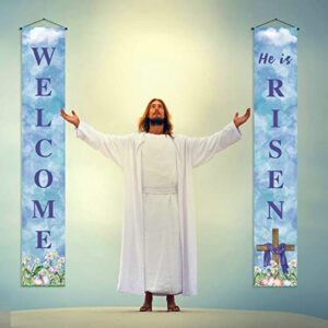 Pudodo He is Risen Porch Banner Easter Christian Cross Resurrection Religious Holiday Front Door Sign Wall Hanging Party Decoration