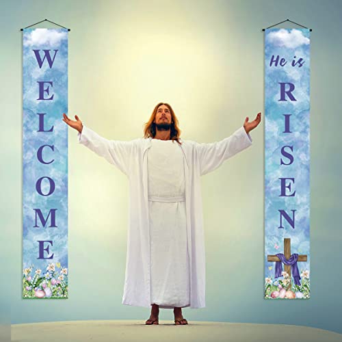 Pudodo He is Risen Porch Banner Easter Christian Cross Resurrection Religious Holiday Front Door Sign Wall Hanging Party Decoration